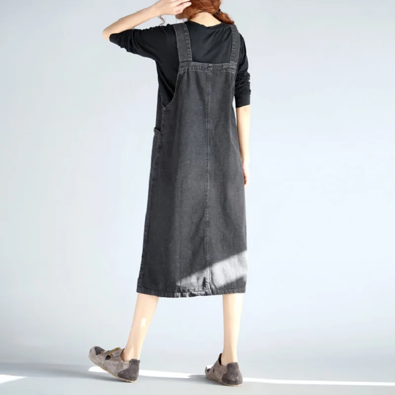 

2021 Korean Style Oversize Women Denim Dress Spaghetti Strap Black Casual Loose Feminino Vestidos Sleeveless Dress With Pockets
