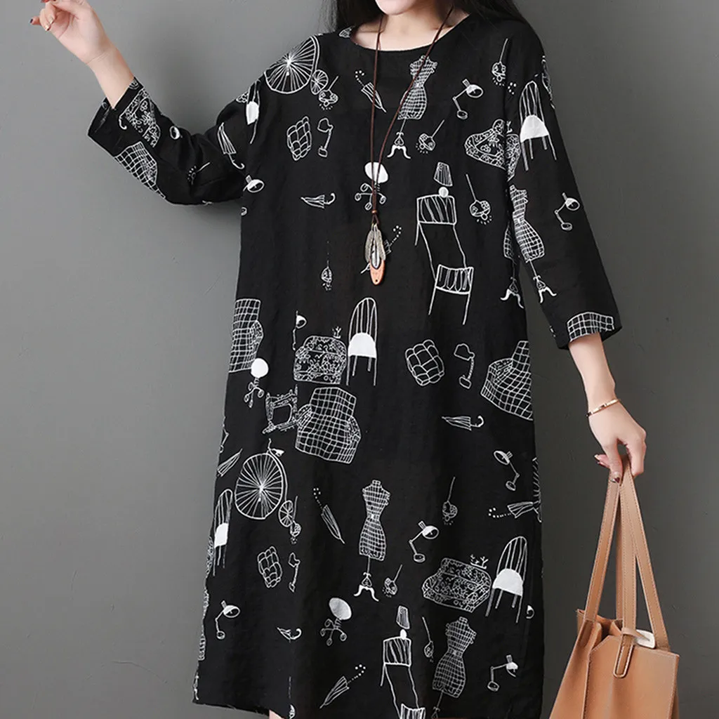 Женское литературное платье с круглым вырезом модное осеннее принтом и длинным