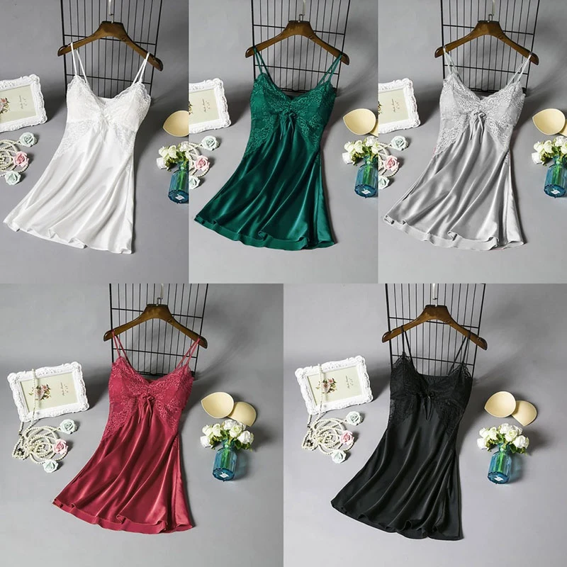 Женское атласное платье для сна шелковая ночная сорочка с подкладкой на груди