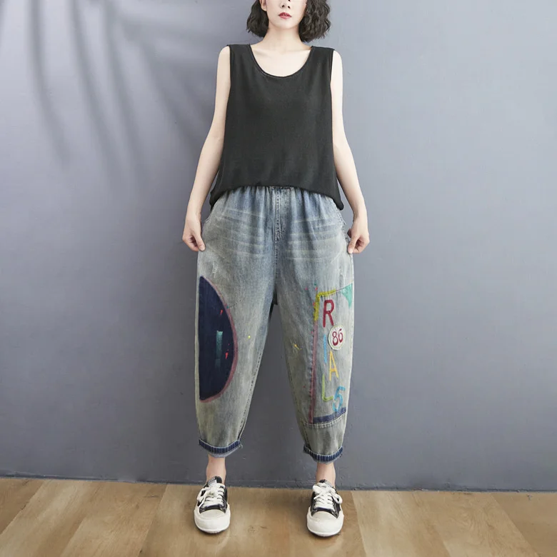 

Summer thin loose casual letter embroidered jeans women's elastic waist octuple pants Harlan women's pants