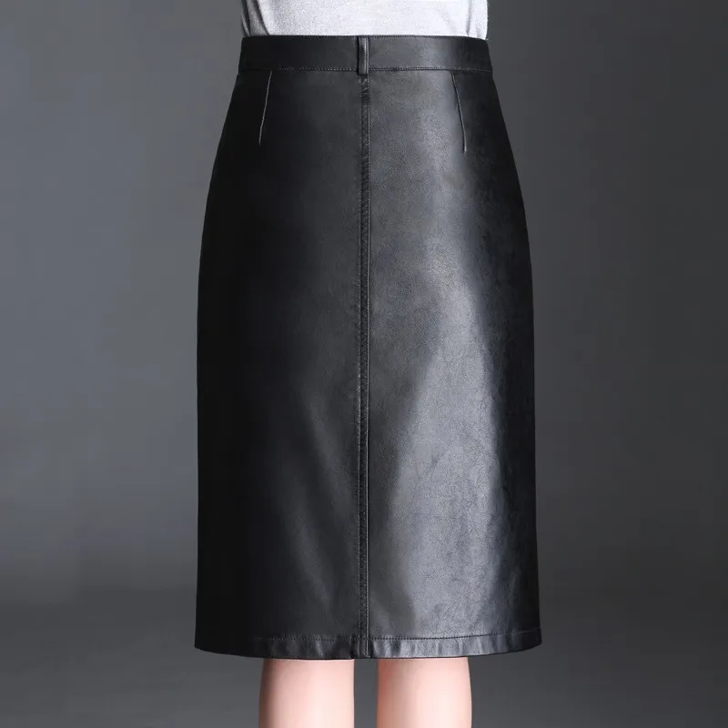 Женская Однотонная юбка до колен черная однобортная офисная из искусственной