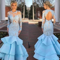 2020 o neck neck long sleeves illusion tulle lace applique prom dress with layered backless mermaid party evening dresses