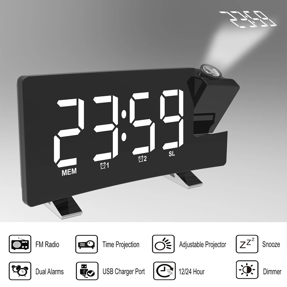 

Projection Alarm Clock Digital Ceiling LED Display 180 Degree Projector Dimmer Snooze Multifunctional Clock Radio Battery Backup