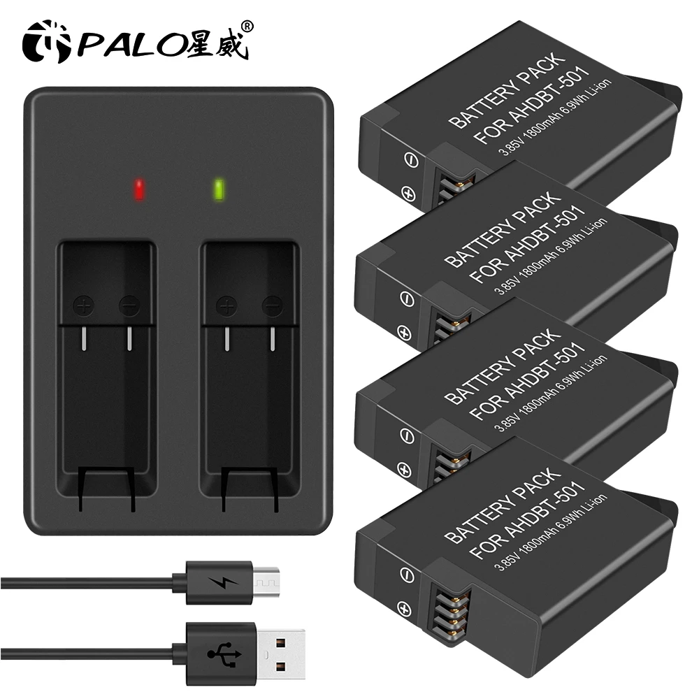 

PALO 4pcs 1800mAh Batteries for GoPro Hero 5 Gopro 6 Action Camera Battery AHDBT501+ 1Slots LED Battery Charger with Type C Port