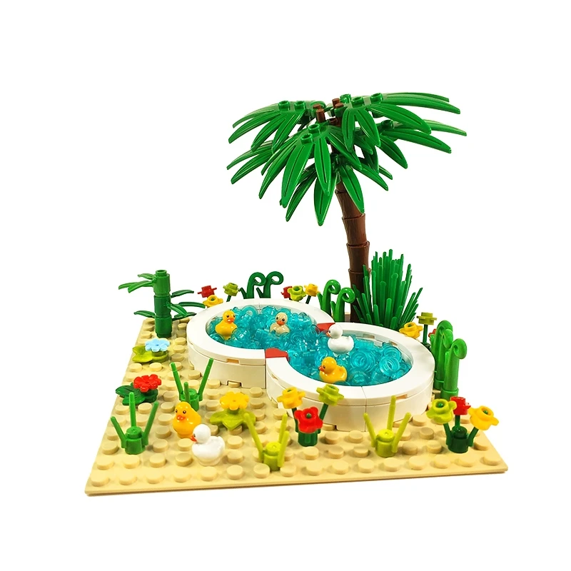Конструктор MOC Park фонтан клумба пруд уличный вид бассейн с милой уткой городской