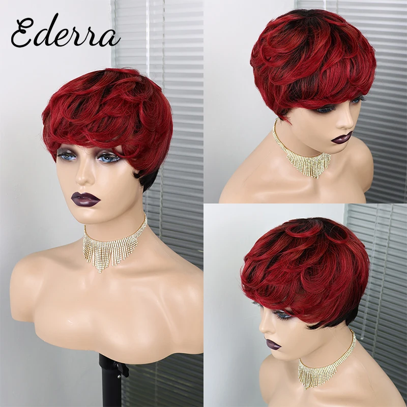

Burgundy Short Wig Ombre Human Hair Pixie Cut Wigs For Black Women Pre Plucked Full Machine Made Wig With Bangs Cheap