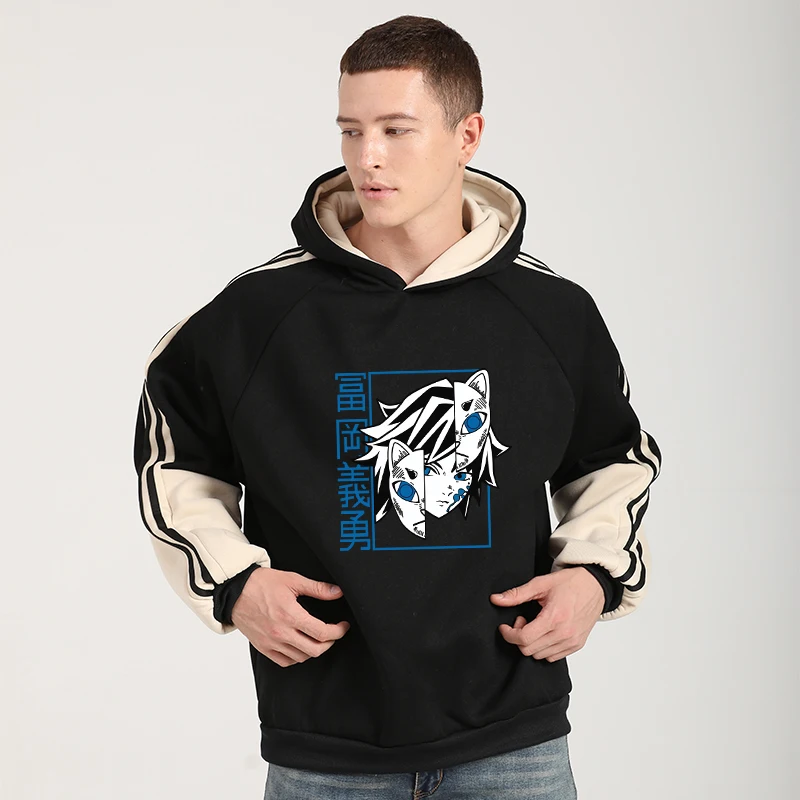

Anime Hoodie Autumn Winter Fleece Hit Color Sweatshirts Men Women Harajuku Japanese Kimetsu No Yaiba Demon Slayer Print Clothing