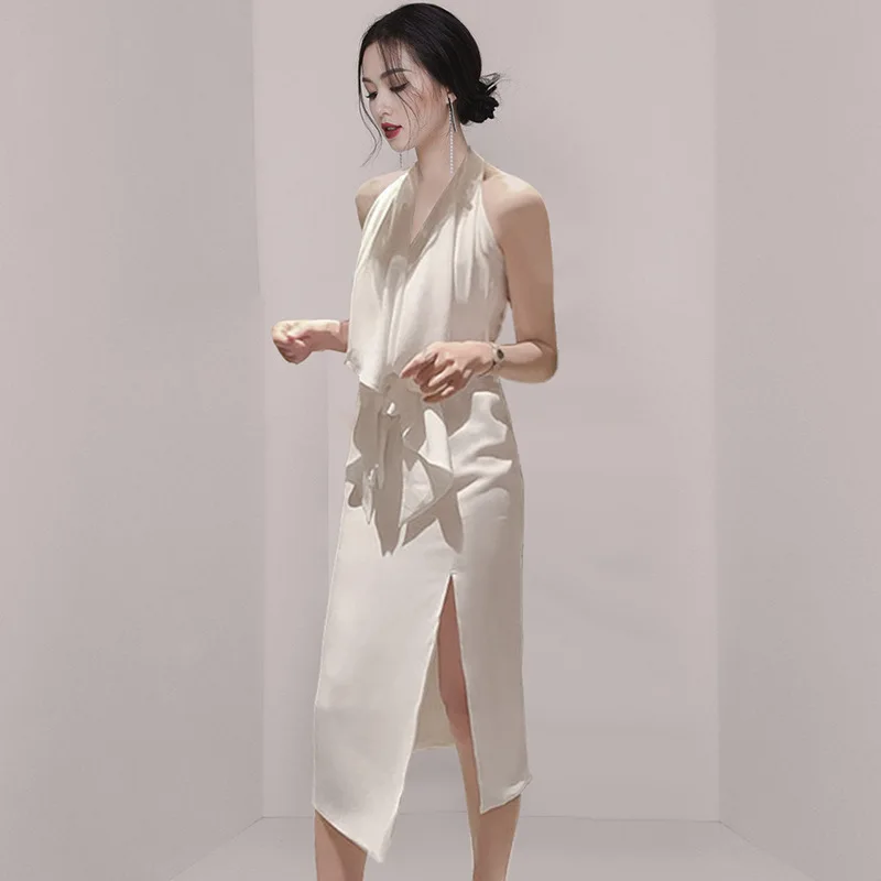 

Elegant Halter Sleeveless Evening Dress Sexy Backless Asymmetrical Slim Prom Dress Fashion Homecoming Party Gown For Women