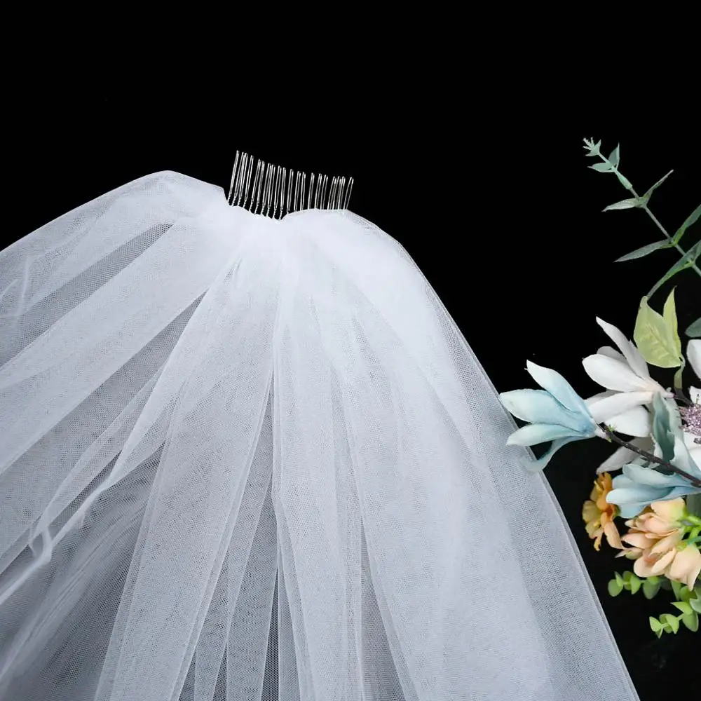 

ZMV30 Short Simple 40CM Bridal Veil with Hair Comb Bride White Ivory Wedding Tulle Double-Layer for Women Marriage Banquet
