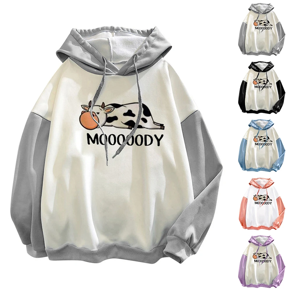 

Women Autumn Cow Printed Long Sleeve Hooded Hoodie Ladies Printed Casual Loose Pullover Blouse Drawstring Hooded Pullover Tops
