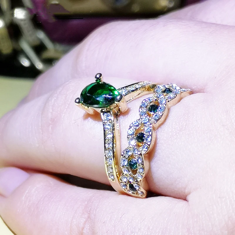 

New Fashion Paired Green Stone Rings for Women Men Wedding Engagement Anniversary Gift Couple Jewelry Gold Color Crystal Ring