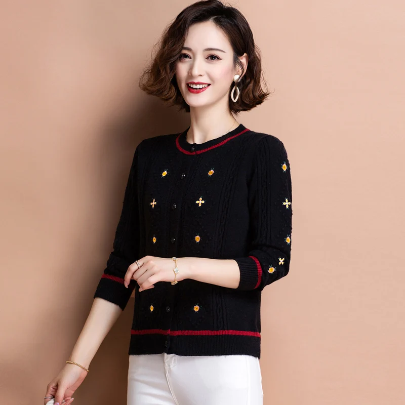 

Fashion Cardigan Women's Cardigan 2020 Spring and Autumn New Knitted round Neck Outdoor Embroidered Women's Sweater H00209