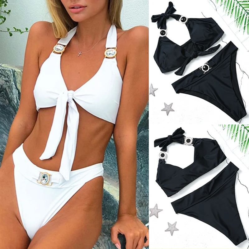 БЕЛЫЙ ЮВЕЛИРНЫЙ комплект бикини купальный костюм с бантами женский высокой