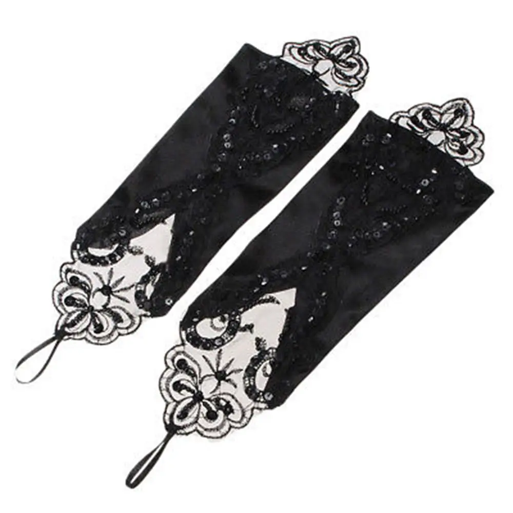 

2020 New Fashion Women Lace Long Gloves Retro Black Beading Stretch Fingerless Embroidered Female Gloves