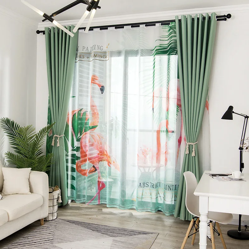 Занавески с зелеными листьями и фламинго занавески для спальни гостиной