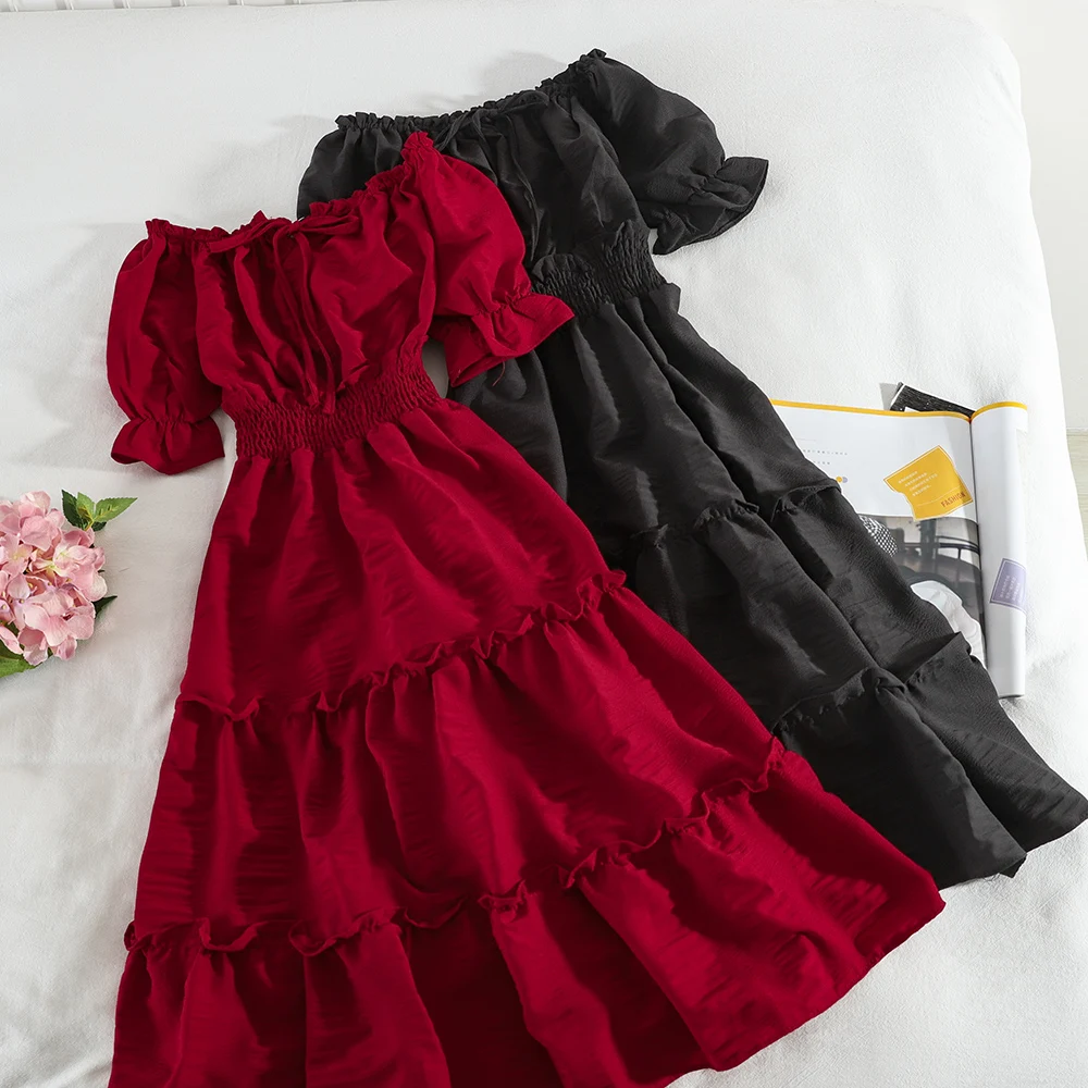 Женское платье с коротким рукавом милое без бретелек оборками и высокой талией