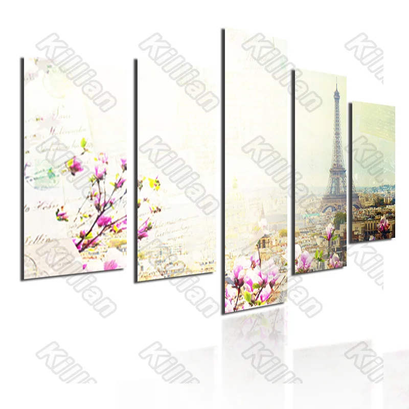 

Landscape Style Murals Canvas Painting Bed Home Decoration Prints 5 Pieces Eiffel Tower Pink Plum Living Room Wall Mural