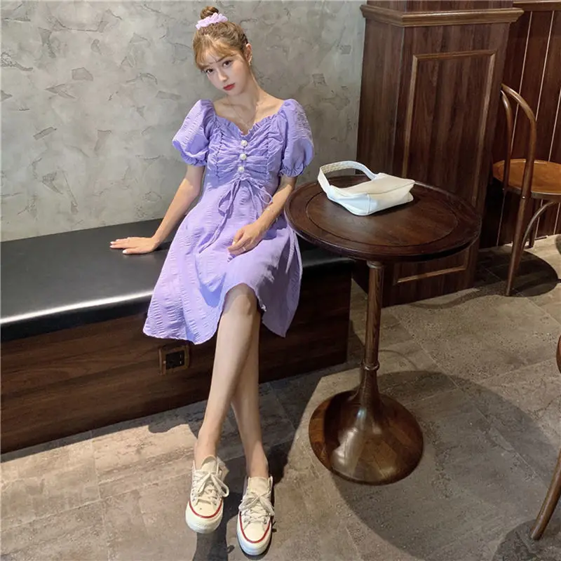 

2021 new style dress with waist down and slim skirt children's summer style V-neck bubble sleeve small dress