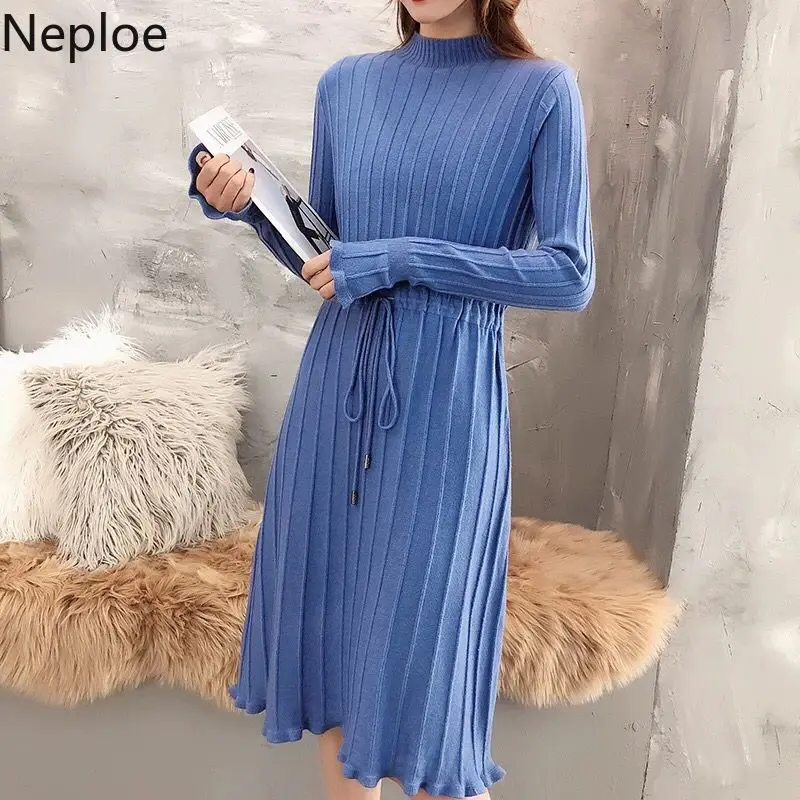 Neploe/корейское осенне зимнее стильное свободное шерстяное платье со шнуровкой и
