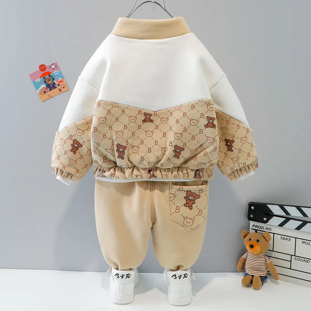 Traje grueso de invierno para ni&ntilde;os, nueva versi&oacute;n coreana, m&aacute;s blusa de terciopelo a juego, pantalones de beb&eacute;, traje de dos piezas-2