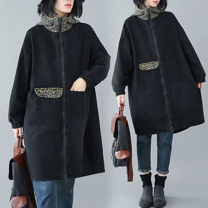 

Fashion Thick Stitching Leopard Hooded Denim Jacket Women zipper Long Windbreaker 2020 Autumn Winter Denim coat Female Outerwear