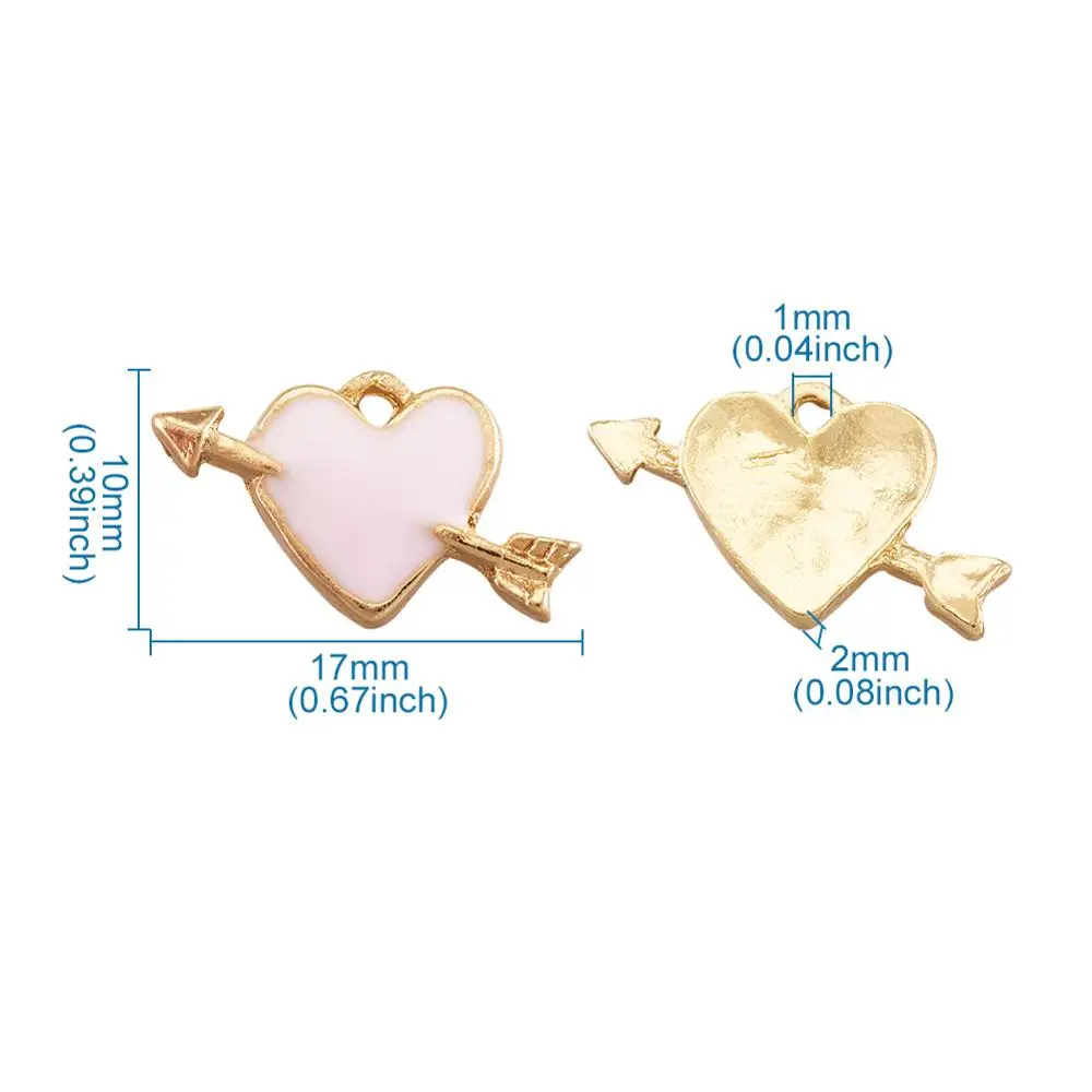 

100pcs Alloy Enamel Pendants Arrow with Heart Light Gold MistyRose, 10x17x2mm, Hole: 1mm