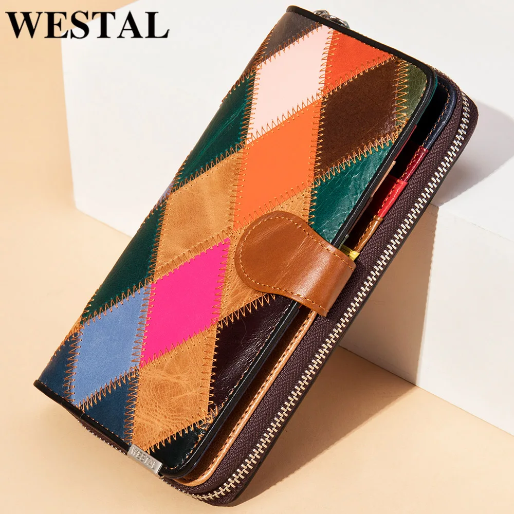 Фото WESTAL большой кошелек для телефона женский с карманами монет кожаный цветной