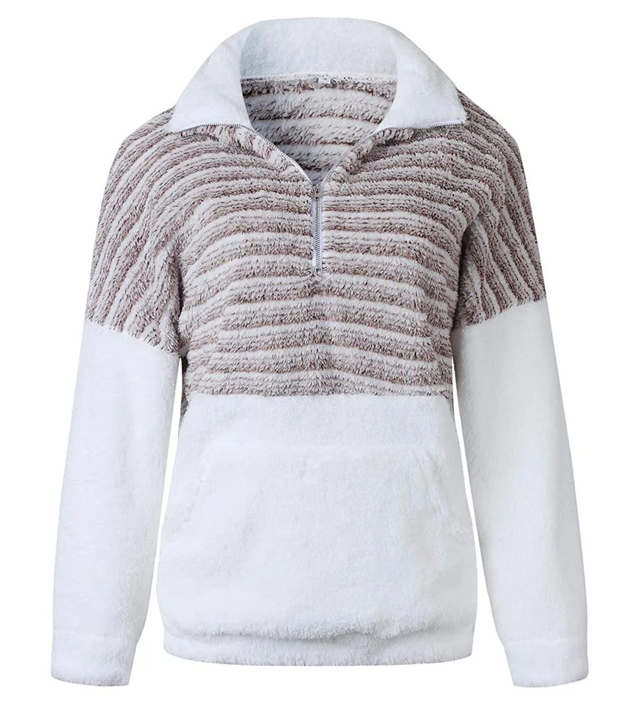 Striped Khaki Осень зима женские 1/4 на молнии шерпа вязать Мягкий теплый флисовый пуловер цветной блок Пушистый свитер верхняя одежда кенгуру карманы - Цвет: Striped Khaki