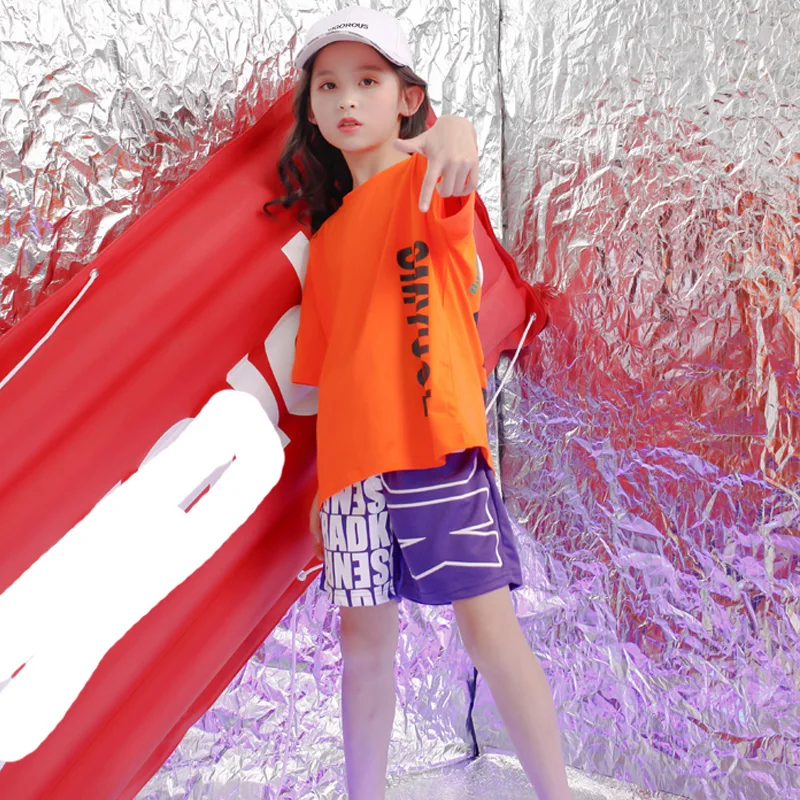 Kids loose Orange Tshirt Modern dance Clothing Hip Hop Jazz Dance wear Costumes Girls Ballroom Dancing Outfits Streetwear |