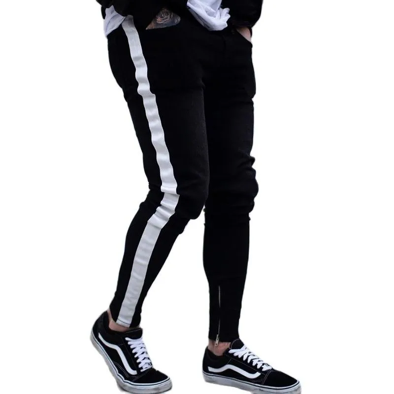 

New Men's Clothing Gothic Style Skinny Jeans Pure Black Small Feet Zipper Pants Slim Fashion Casual Pants Streetwear Men