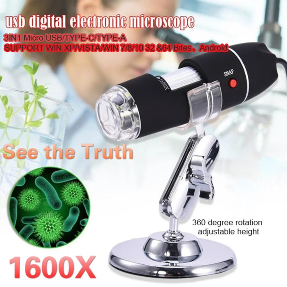 3in1 Регулируемый 1600X 1080P 8 светодиодный Цифровые микроскопы Тип C/A/Micro лупа USB