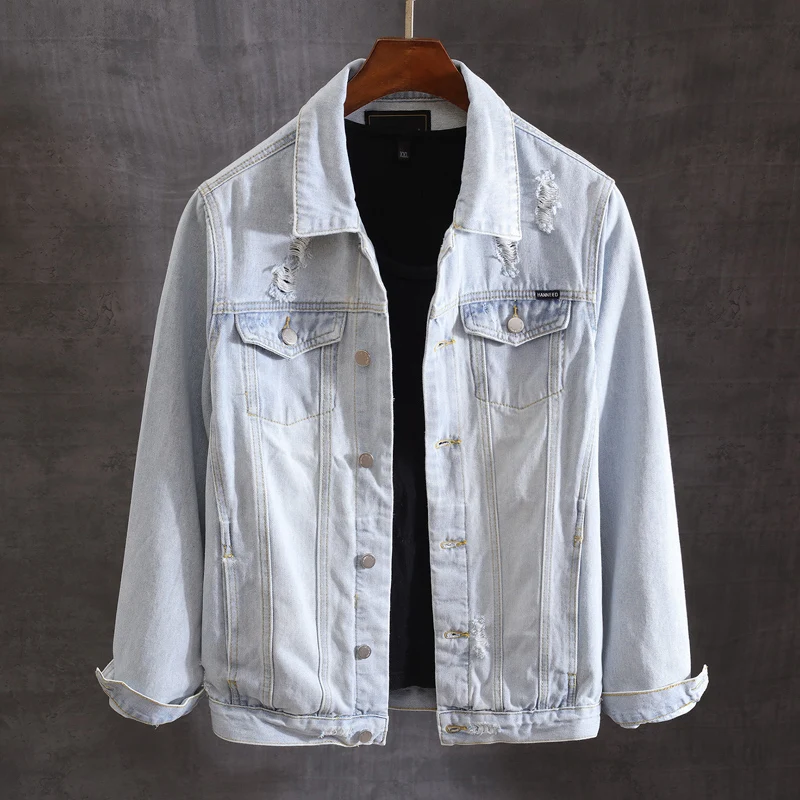 

Korean Style Fashion Men Jacket Retro Light Blue Slim Fit Frayed Hole Ripped Denim Jacket Men Vintage Designer Casual Coats