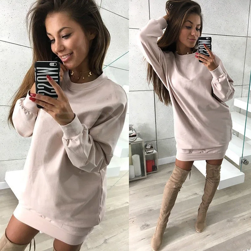 

Women Dress Ladies Female Womens Costume Dresses Casual Loose Mini O-neck Autumn Winter Retro Style Popular