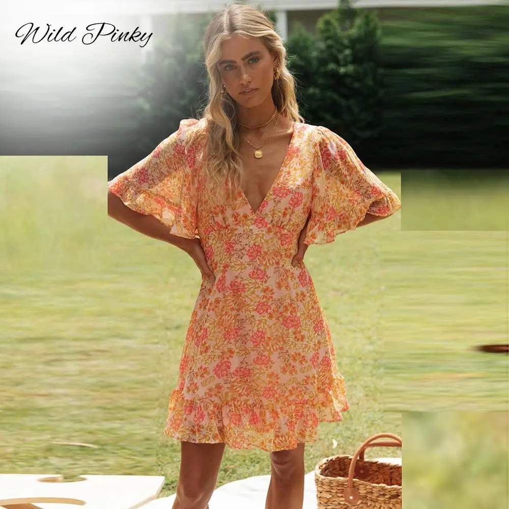 

WildPinky 2022 New Boho Elegant Ruffle Print Women Summer Mini Dress Party Vacation Beach Casual Floral Ladies Sundress Vestidos