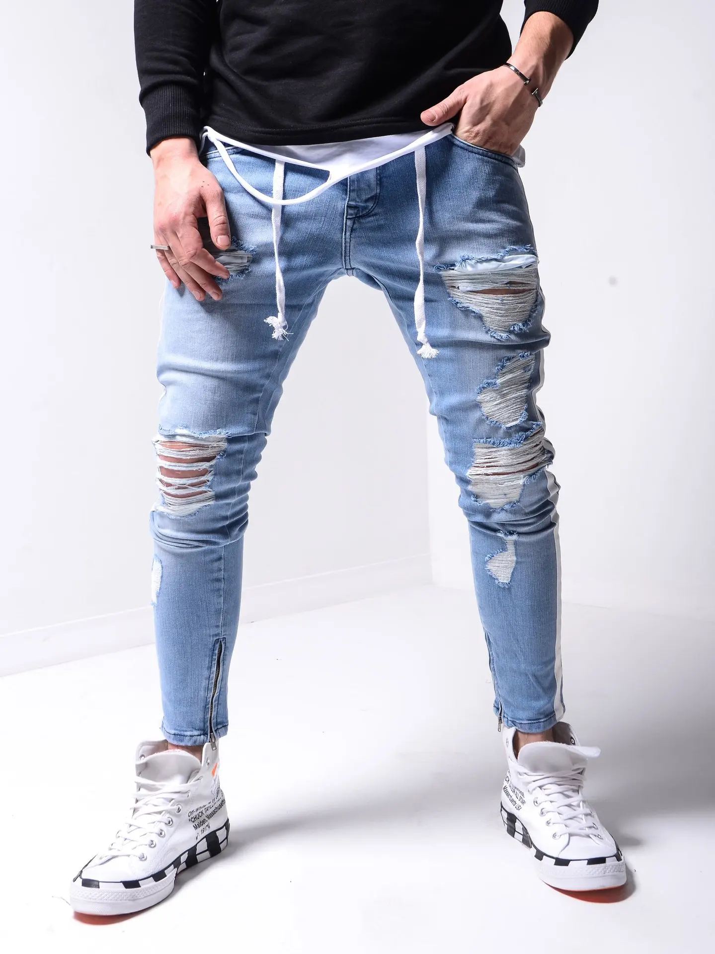 New Styles Men Stretchy Ripped Skinny Biker Embroidery Print Jeans Destroyed Hole Taped Slim Fit Denim Scratched High Quality