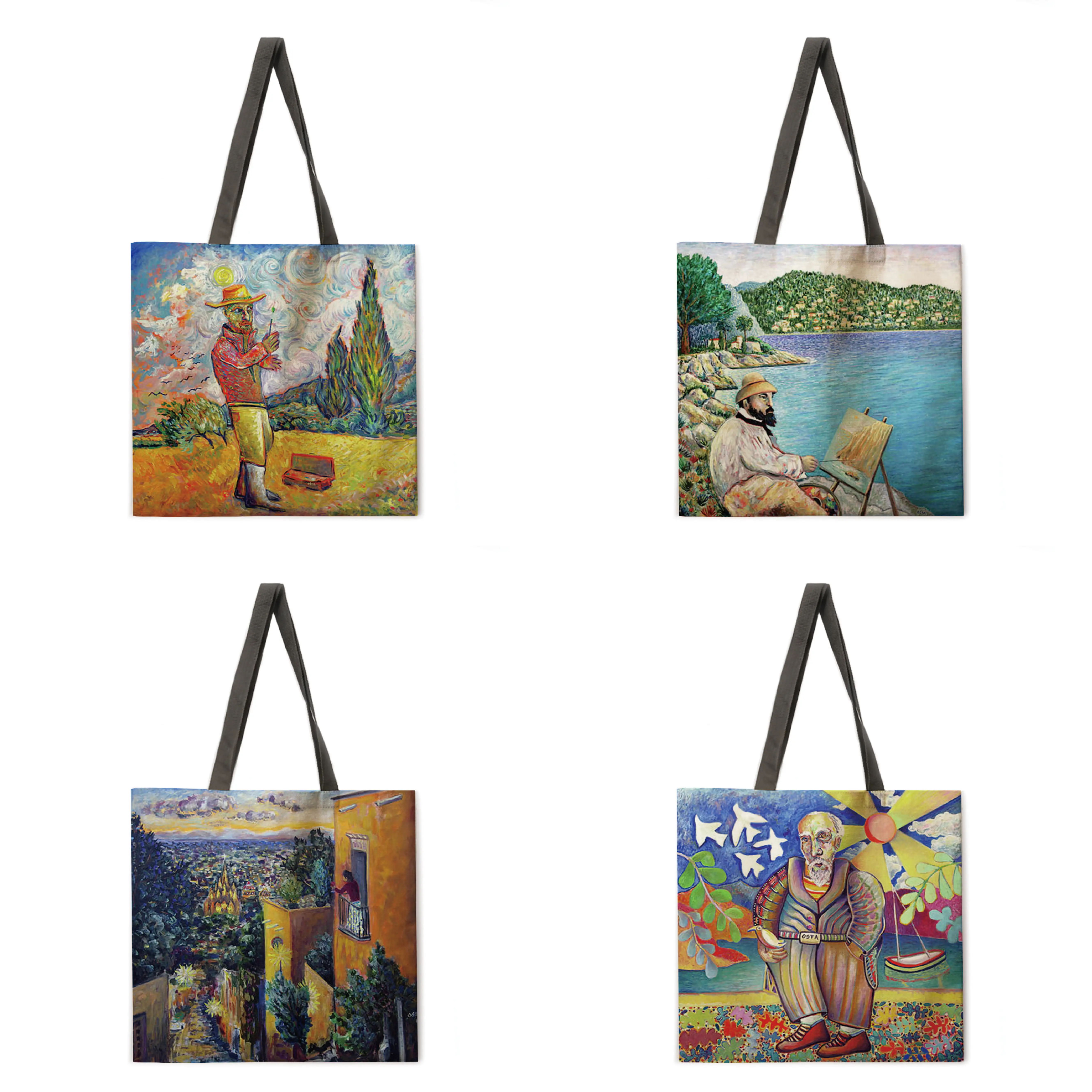 

Oil painting landscape tote bag reusable beach bag linen fabric casual tote bag lady one-shoulder foldable shopping bag