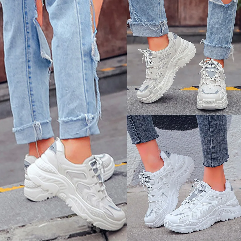 Женские белые кроссовки с круглым носком на шнуровке платформе одноцветные