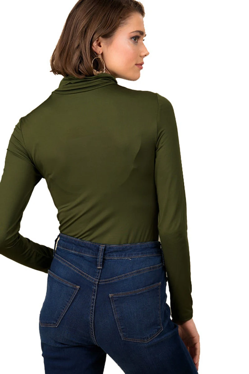 

2021 Spring Sexy Top Women Shirts Casual Solid Color Base Shirt Long Sleeve Turtle Neck Slim Top Green All-match Simple T Shirt