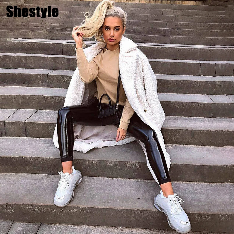 Женские Блестящие Брюки Карандаш Shestyle из искусственной кожи с боковой молнией