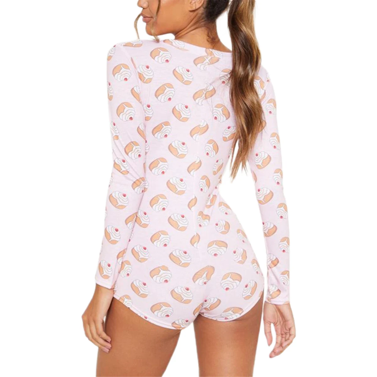 

Autumn Spring Women's Household Bodysuit Sleeping Jumpsuit 2020 Long Sleeve Elastic Polyester Cartoon Cake Printed Home Wear