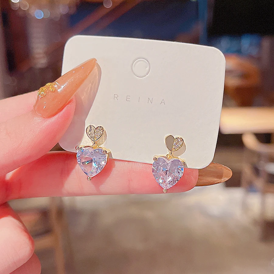 

Женские серьги-гвоздики, корейские серьги золотого и серебряного цвета с кристаллами из циркония в форме сердца, 2021