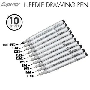 Superior 10Pcs Artist Marker Black Sketch Pigment Fine Liner Pen Set Design Brush Felt-Tip Pen Art Supplies