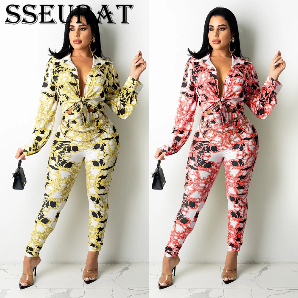 

Женский офисный костюм SSEURAT, комплект из двух предметов с винтажным принтом, Топ с длинным рукавом и брюки, осень