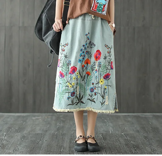Женская джинсовая юбка с цветочной вышивкой свободная повседневная эластичной