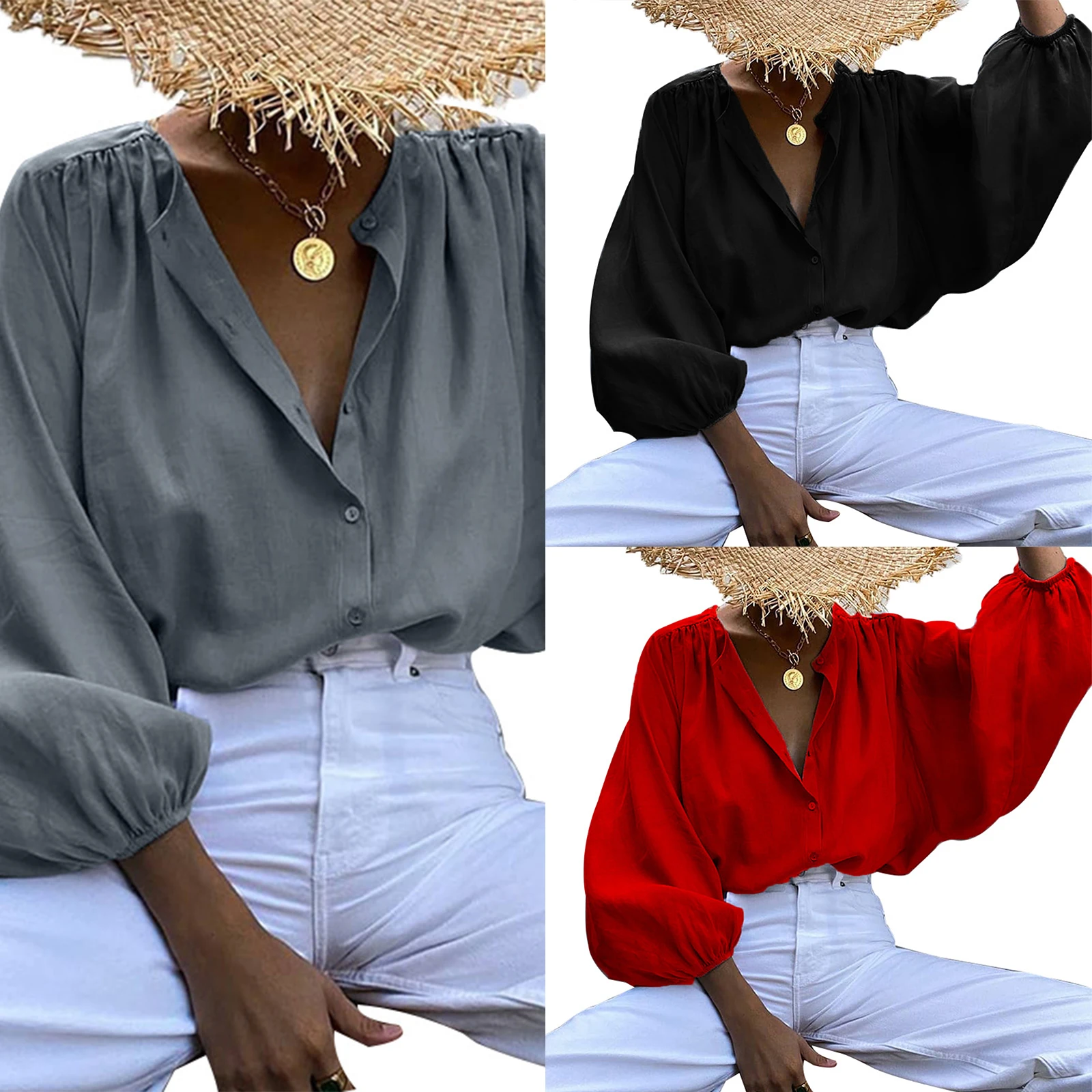 

Women Solid Color Blouse Spring Autumn Adults Sexy V-Neck Lantern Long Sleeve Single-breasted Office Shirt Lady Blouse Shirt Top