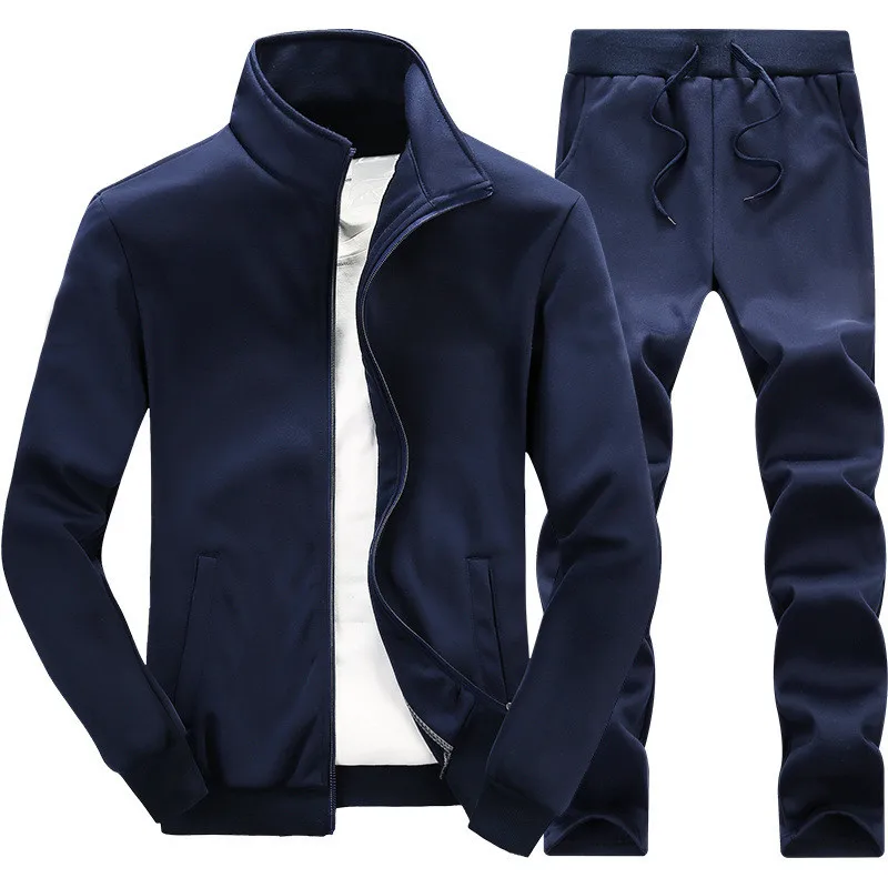 

Solid Navy Mens Tracksuit Jacket Pants Autumn Spring Sports Suit Sweatshirt Sweatpants Clothing 2 Pieces Regular Losse Fit Dress