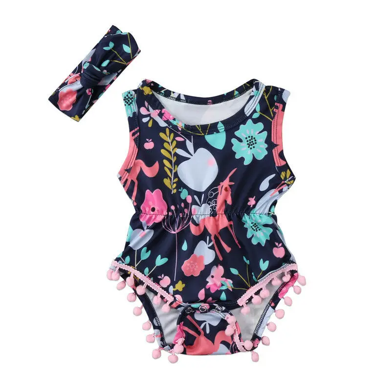 

2020 Newborn Baby Girls Bodysuits Sleeveless Floral Baby Girls Clothes + Headband 2pcs Baby Summer Outfits
