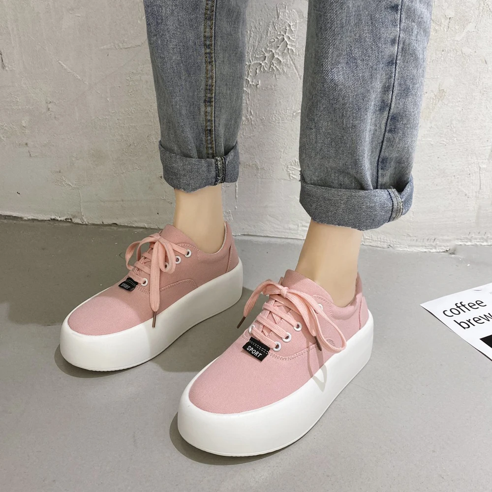 

2020 Canvas Platform Flats Women Chunky Sneakers Casual Vulcanized Shoes Women Thick Sole Single Shoes Lady