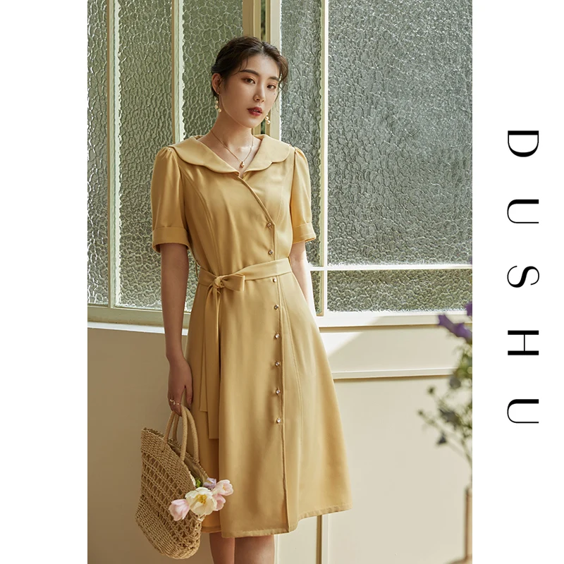 

DUSHU Plus Size Yellow Five-point Sleeve Summer Dress Women 2021 New French Retro Tea Break Dress Sexy Office Dress