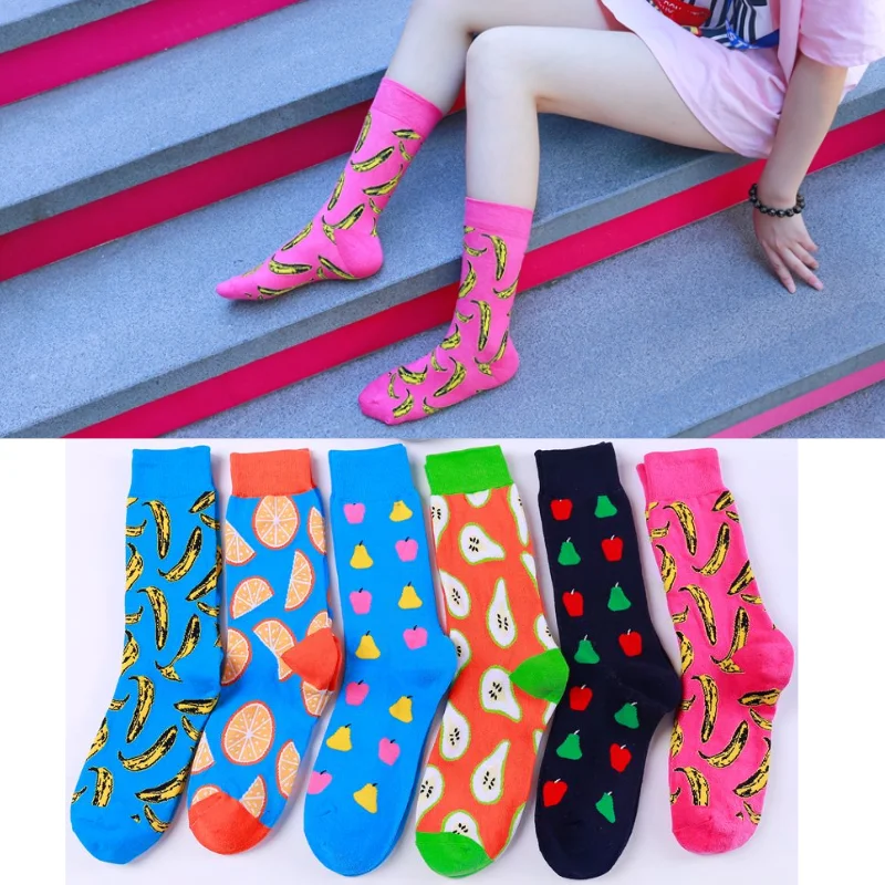 

Harajuku Happy Socks Women's Cute Cartoon Fruit Print Orange Banana Pear Peach Girls Kawaii Socks Meias Korean Style